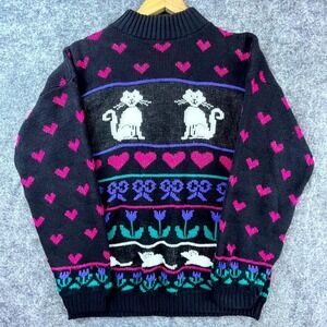 Vintage Adele Knitwear Sweater‎ Women L Hearts Cat Quirky Kitsch Kawaii Grandma